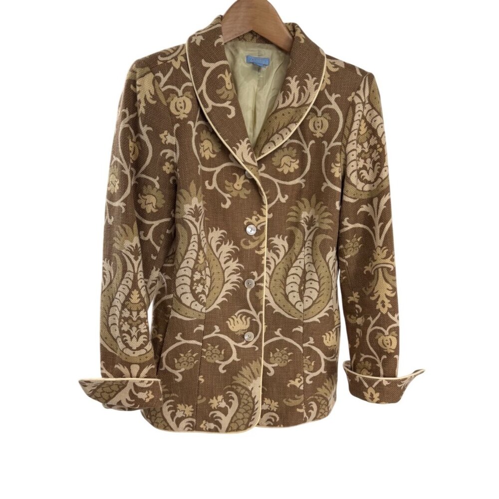 J McLaughlin Brown & Cream Floral Print Blazer Jacket W/ Piping Sz 4
